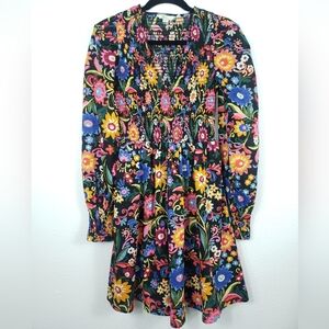 Boden Smocked Bodice Ruched Sleeves Mini Dress Black, Gardenia Pop 2 Regular